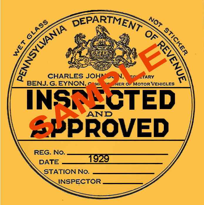 1929 Pennsylvania INSPECTION Sticker 25.00 Bob Hoyts Classic