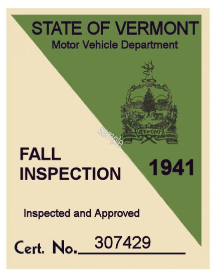 1941 Vermont Fall Inspection Sticker - Click Image to Close