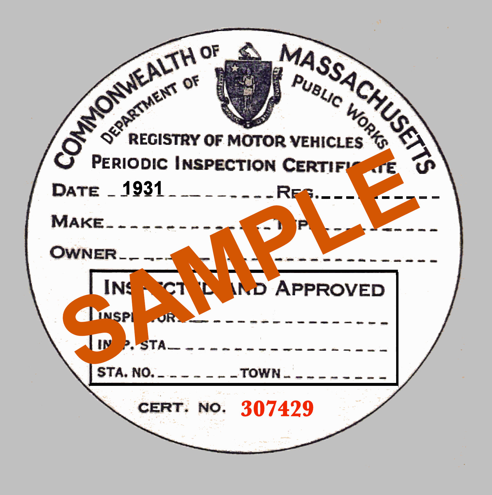 1931 Massachusetts INSPECTION Sticker 20.00 Bob Hoyts Classic