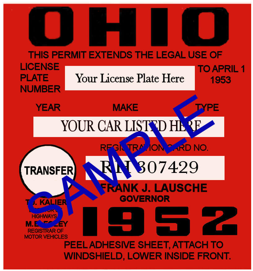 1952 Ohio REGISTRATION Sticker Transfer 20.00 Bob Hoyts Classic
