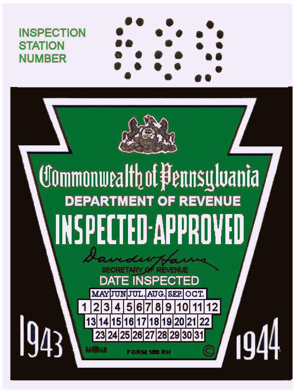 1943 Pennsylvania INSPECTION Sticker - $25.00 : Bob Hoyts Classic ...